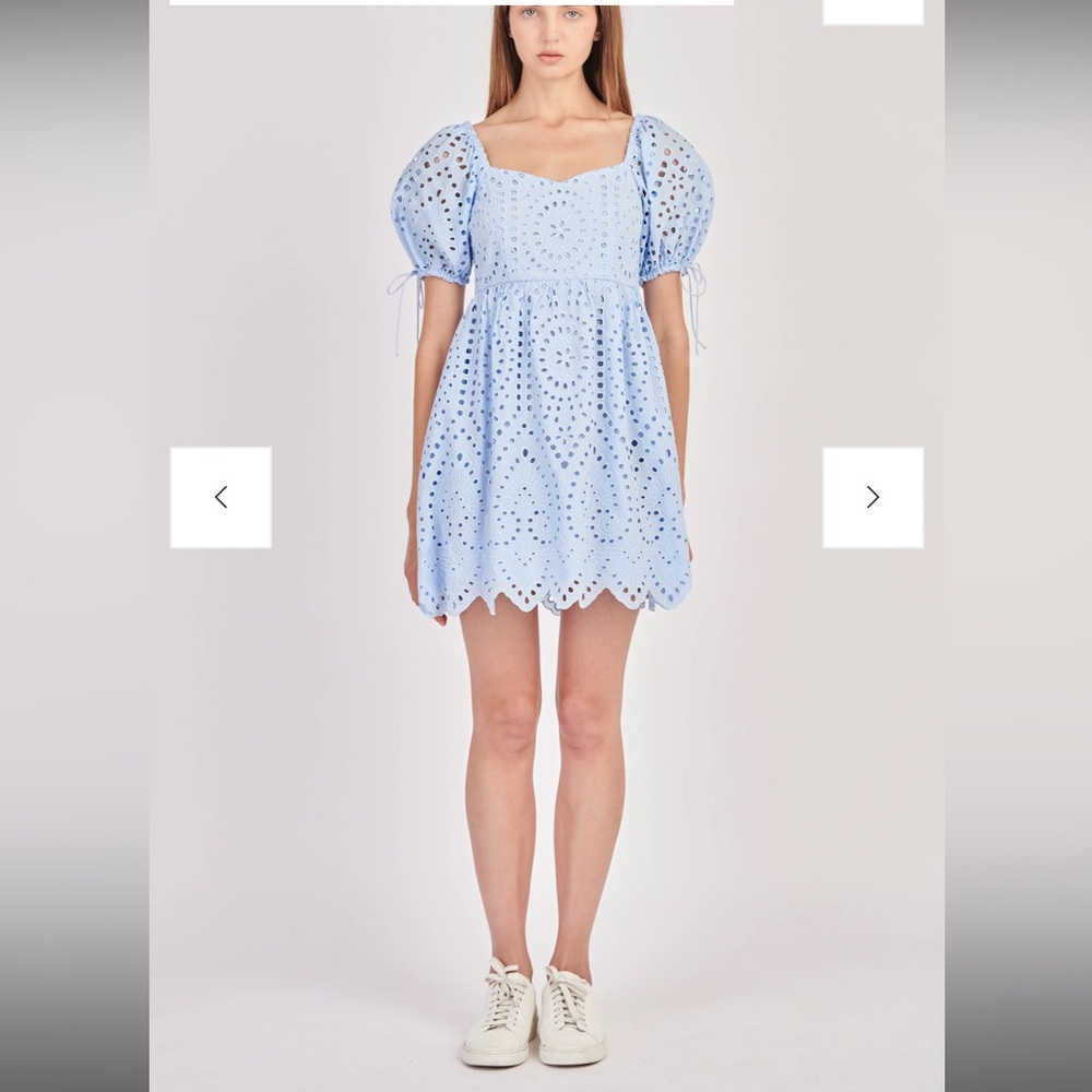 English Factory Light Blue Eyelet Scallop Edge Mini Dress NWT
